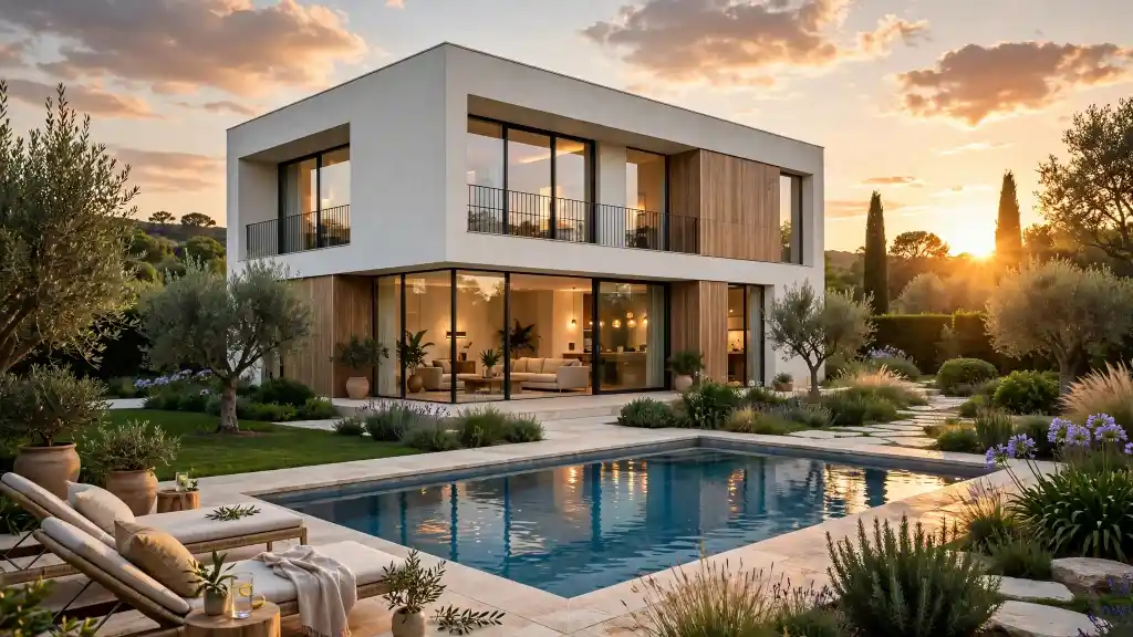 Esterno di casa unifamiliare moderna con piscina al tramonto Casa unifamiliare a due piani con facciata bianca e rivestimenti in legno, ampio balcone, piscina rettangolare e giardino mediterraneo con ulivi al tramonto