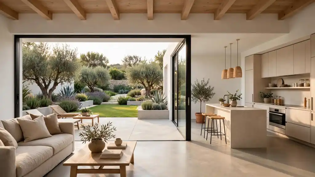 Open space in casa unifamiliare con vista sul giardino Open space di casa unifamiliare con soffitto in travi di legno a vista, soggiorno beige e cucina moderna affacciati su una vetrata scorrevole che apre sul giardino con ulivi e lavanda