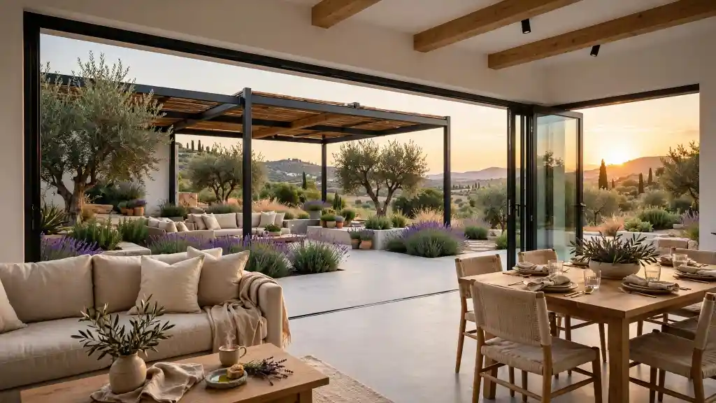 Zona giorno di casa unifamiliare con vista sulle colline al tramonto Soggiorno e sala da pranzo di casa unifamiliare con vetrate scorrevoli aperte su terrazza con pergola, lavanda in fiore e vista panoramica sulle colline al tramonto