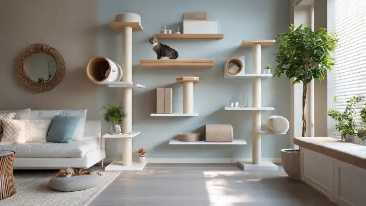 Arredare casa pensando al proprio gatto Gatto tigrato su un cat tree moderno in legno e beige in un soggiorno arredato con gusto