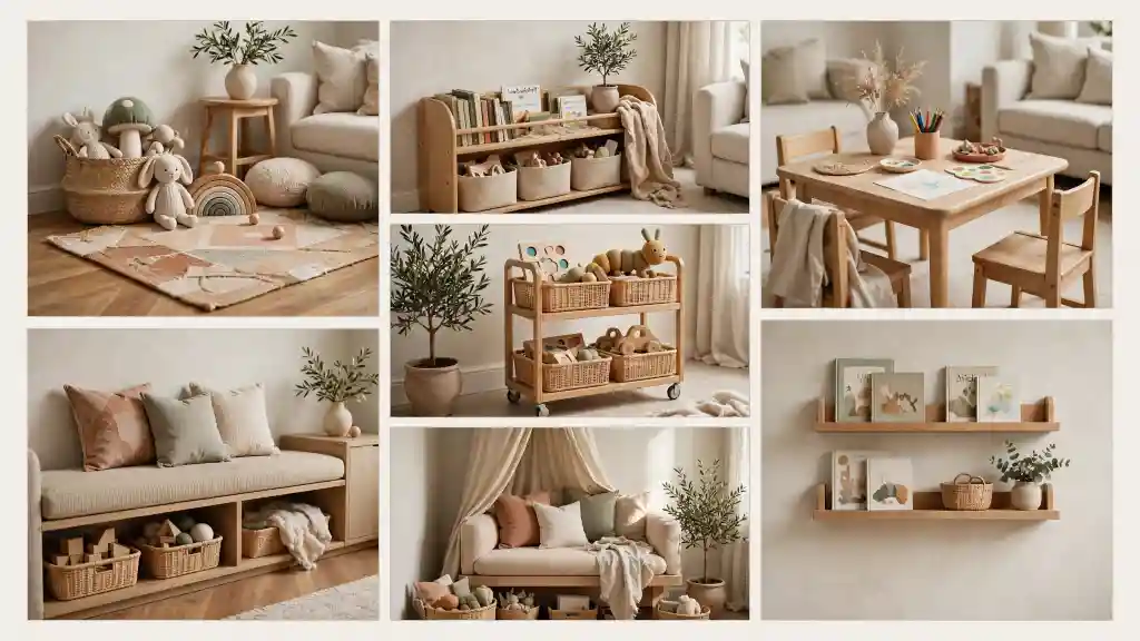 Collage angolo gioco con mobili in legno e ceste in vimini Collage angolo gioco con mobili in legno, ceste in vimini, tavolino bambini, libreria e zona lettura in stile naturale e ordinato.