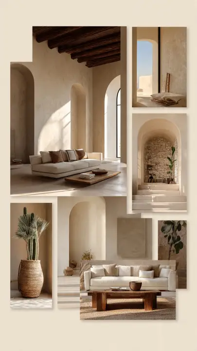Collage stile mediterraneo archi tortora naturale Collage moodboard di ambienti mediterranei color tortora con archi in pietra, divano beige, piante e dettagli in vimini