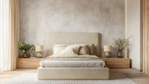 Camera da letto minimal color sabbia con parete effetto spatolato, letto imbottito e comodini in legno naturale simmetrici