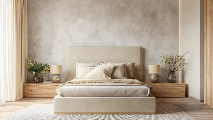 Camera da letto minimal color sabbia con parete effetto spatolato, letto imbottito e comodini in legno naturale simmetrici