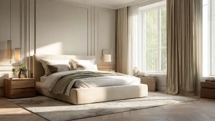 Camera letto colore sabbia letto imbottito boiserie Camera da letto elegante color sabbia con letto imbottito beige, boiserie neutra e ampie finestre con vista sul verde