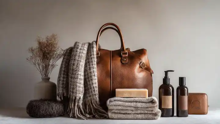Come pulire pelle e lana: materiali delicati che non si lavano Composizione still life con borsa in pelle marrone, sciarpa di lana, panno, sapone e flaconi di detergenti