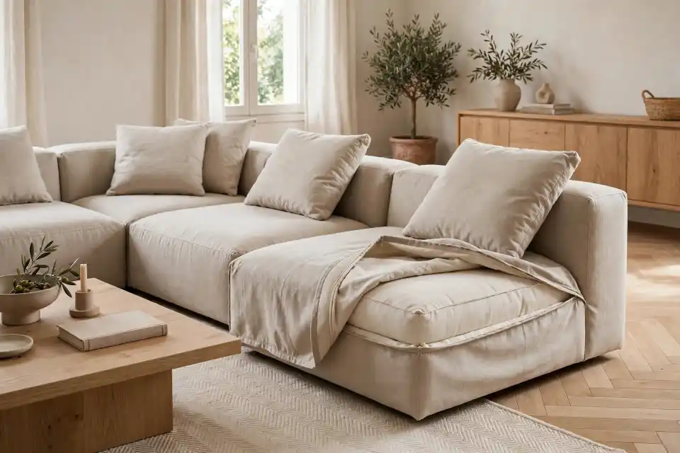 Come abbinare un divano panna modulare a un pavimento in parquet Divano modulare panna con chaise longue su pavimento in parquet a spina di pesce, cuscini coordinati, plaid e tavolino in legno chiaro