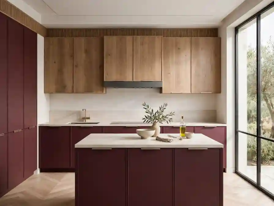 Cucina moderna con mobili bordeaux Cucina moderna con basi bordeaux e pensili in legno chiaro, illuminata da grandi finestre a tutta altezza.