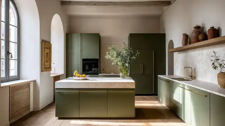 Cucina moderna con mobili verde oliva e isola centrale. Cucina moderna e luminosa con mobili verde oliva, isola centrale con piano in marmo chiaro, pavimenti in parquet e ampie finestre ad arco.