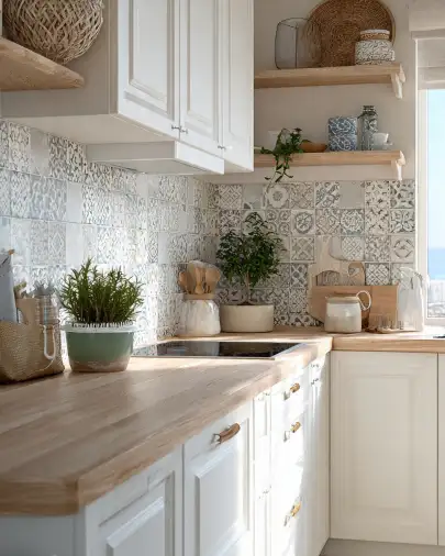 Cucina casa al mare con piastrelle decorate e legno naturale Cucina in stile mediterraneo con piastrelle decorate azzurre e bianche, top in legno, mensole a vista e mensole con ceramiche
