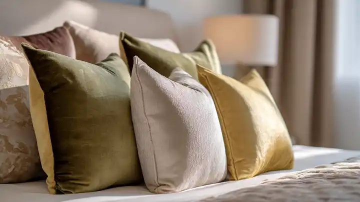 Come pulire i cuscini in velluto senza rovinarli Cuscini decorativi in velluto nei toni del verde oliva, oro e panna su un letto