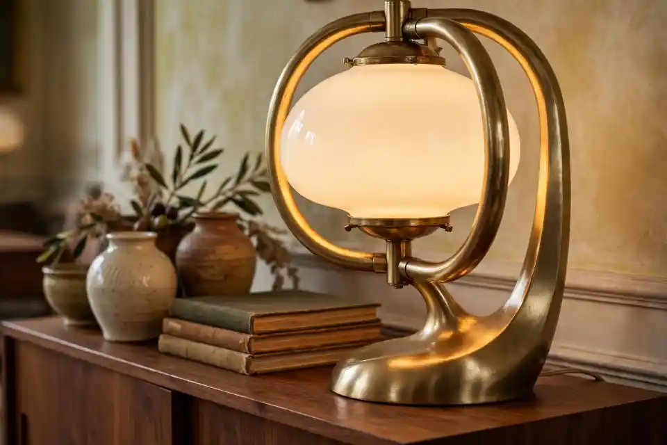 Decorazione stile retrò con lampada in ottone e ceramiche Decorazione retrò con lampada in ottone, vasi in ceramica opaca e libri vintage su consolle in legno.
