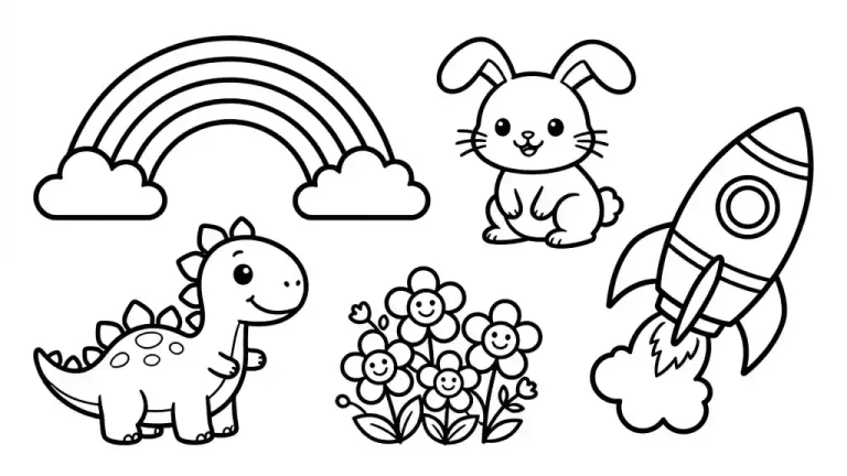 Disegni da colorare per bambini con arcobaleno, coniglietto, razzo, dinosauro e fiori sorridenti in stile cartoon.
