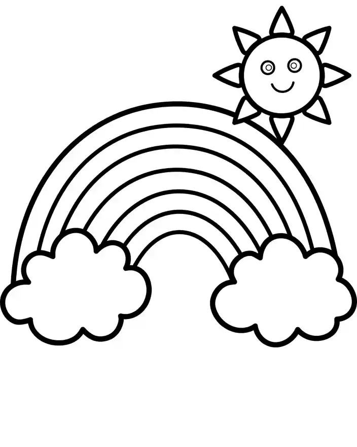 Disegno da colorare arcobaleno e sole per bambini Disegno da colorare per bambini con arcobaleno, nuvole e sole sorridente in stile cartoo