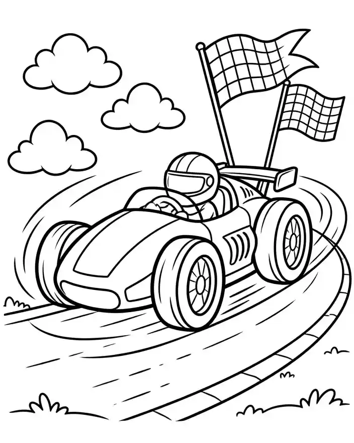 Disegno da colorare auto da corsa per bambini Disegno da colorare per bambini con auto da corsa, pilota e bandiere a scacchi su pista.