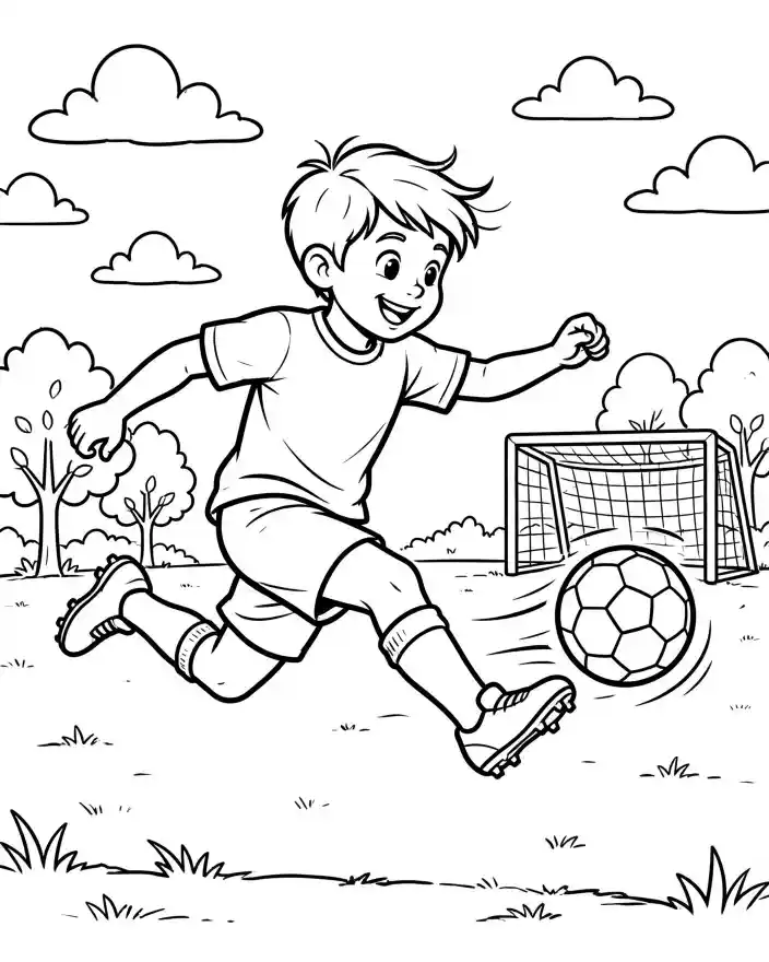Disegno da colorare bambino che gioca a calcio Disegno da colorare per bambini con bimbo che gioca a calcio, pallone e porta sullo sfondo