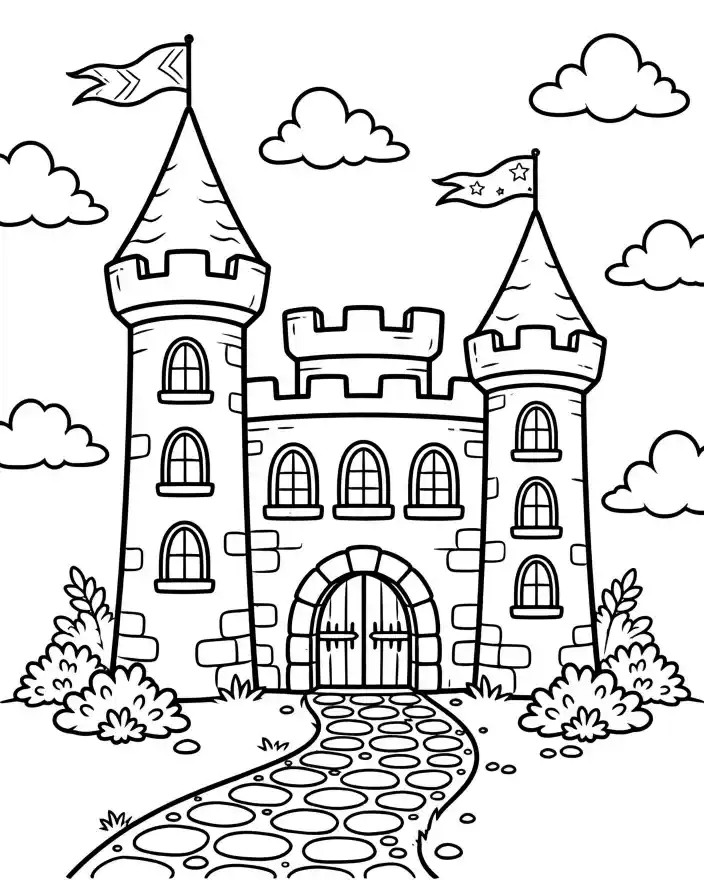 Disegno da colorare castello fiabesco per bambini Disegno da colorare per bambini con castello fiabesco, torri con bandiere e porta grande in stile cartoon.