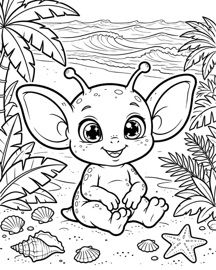Disegno da colorare creatura fantasy al mare Disegno da colorare per bambini con creatura fantasy seduta sulla spiaggia, con conchiglie, palme e onde.