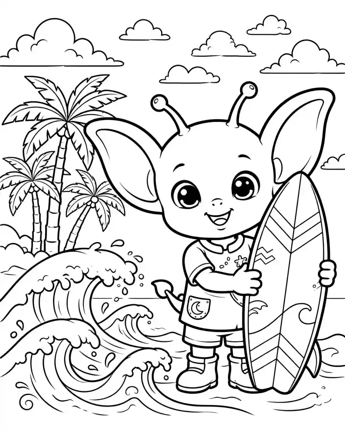 Disegno da colorare surf sulla spiaggia per bambini Disegno da colorare per bambini con creatura cartoon sulla spiaggia che tiene una tavola da surf, palme e onde
