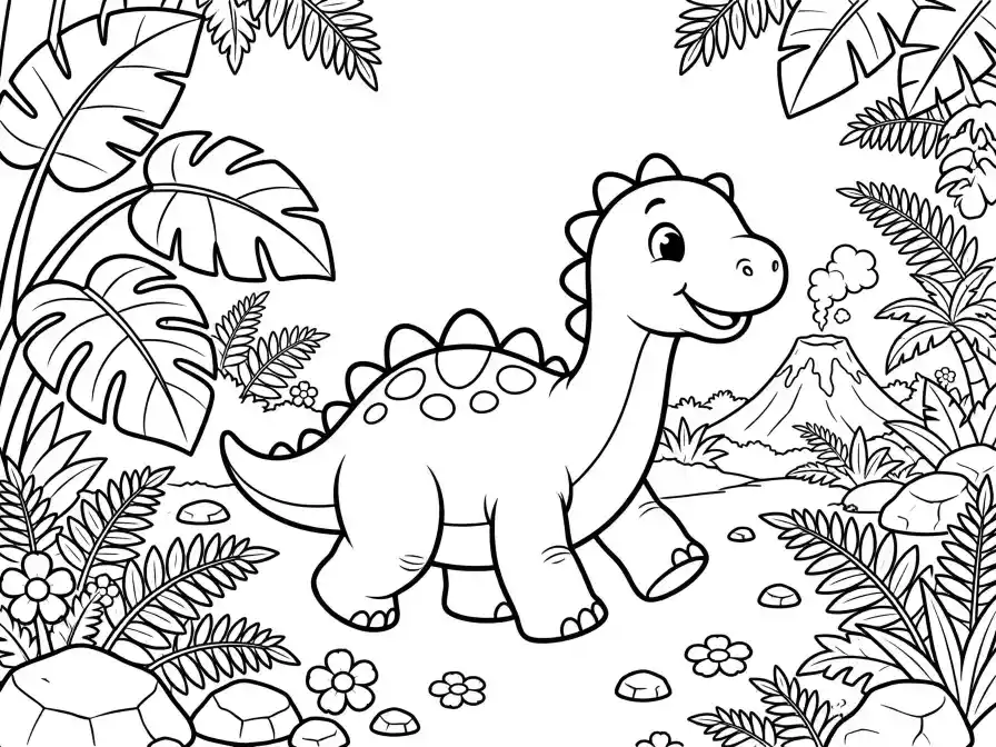 Disegno da colorare dinosauro preistorico Disegno da colorare con dinosauro in paesaggio preistorico, piante tropicali e vulcano.