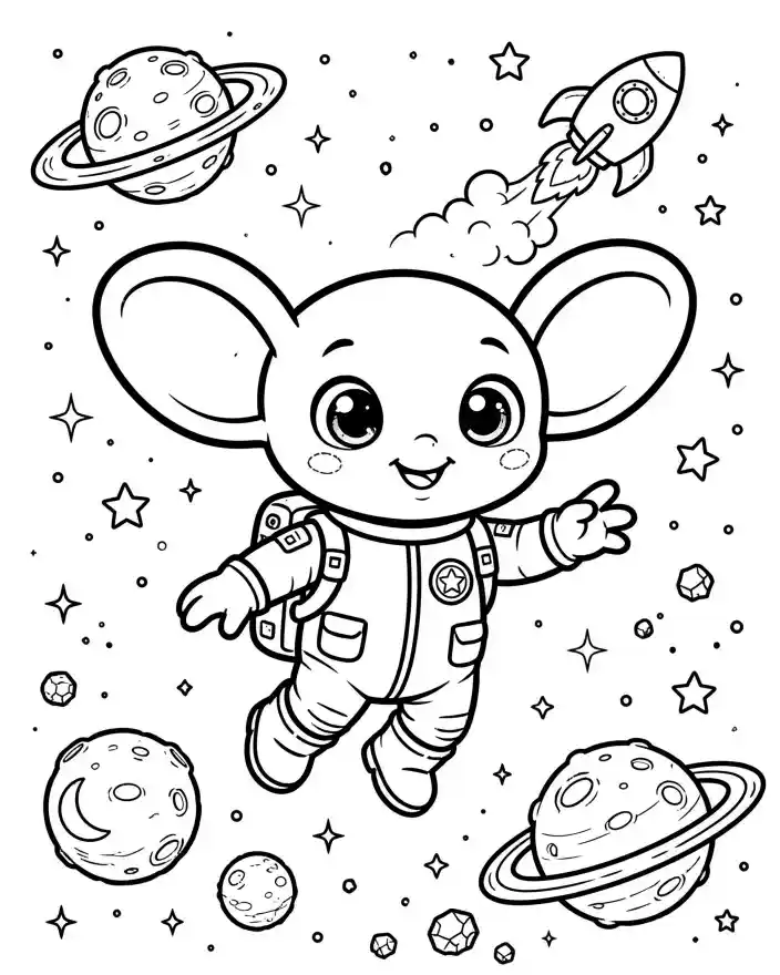 Disegno da colorare esploratore spaziale per bambini Disegno da colorare per bambini con personaggio cartoon in tuta spaziale che fluttua nello spazio tra pianeti, stelle e razzo.