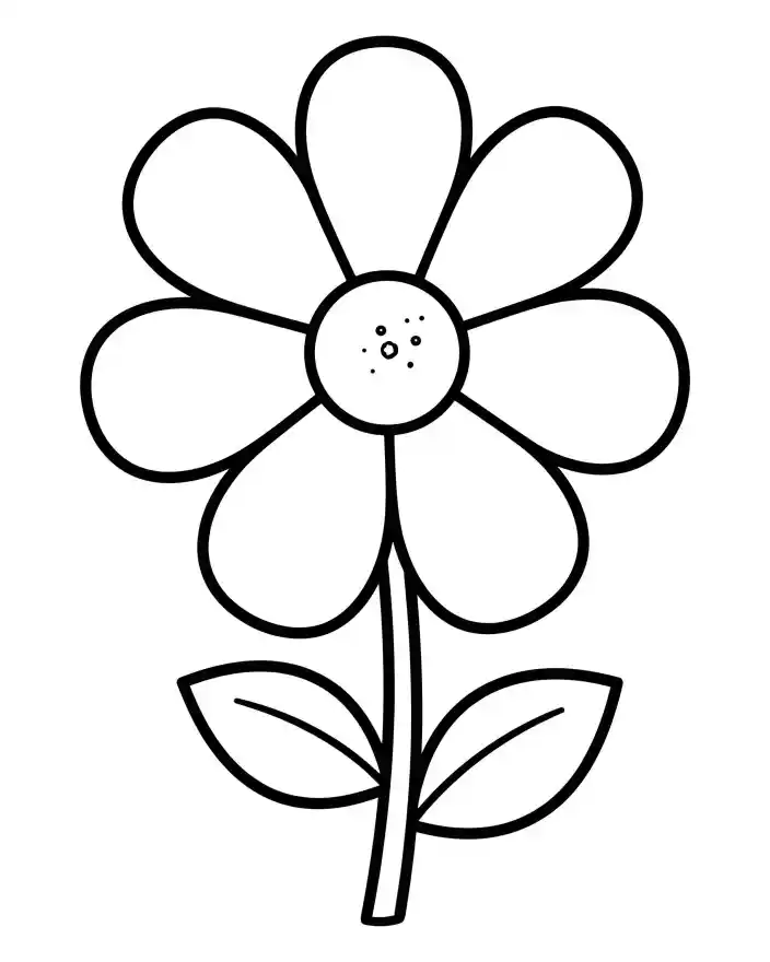 Disegno da colorare fiore semplice per bambini Disegno da colorare per bambini con fiore semplice a petali arrotondati e foglie.