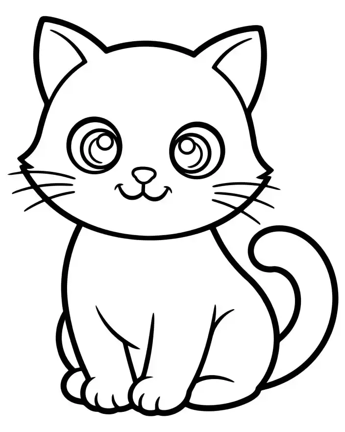 Disegno da colorare gattino cartoon per bambini Disegno da colorare per bambini con gattino cartoon seduto, occhi grandi e coda ricurva.