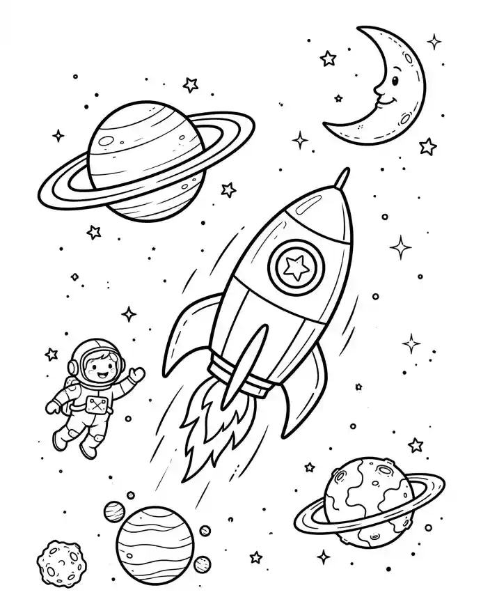 Disegno da colorare razzo e astronauta per bambini Disegno da colorare per bambini con razzo, astronauta, pianeti, stelle e luna sorridente in stile cartoon.