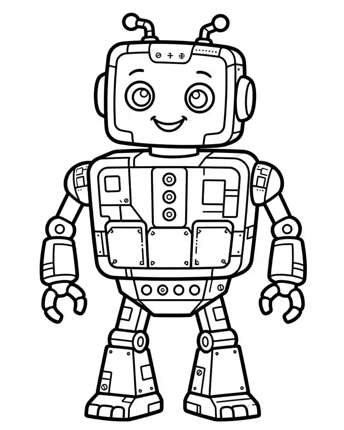 Disegno da colorare per bambini con robot cartoon, occhi rotondi, antenne e dettagli meccanici.