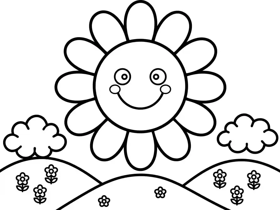Disegno da colorare sole sorridente Disegno da colorare con sole sorridente, nuvole e colline fiorite.