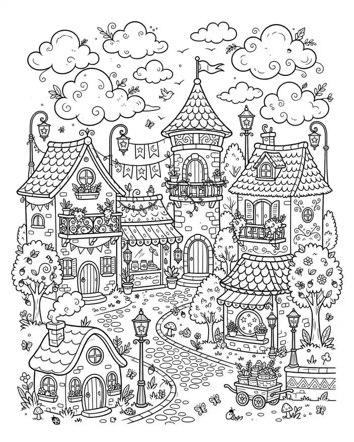 Disegno da colorare villaggio fiabesco per bambini Disegno da colorare per bambini con villaggio fiabesco, casette decorate, torre con bandiera e dettagli fantasiosi.