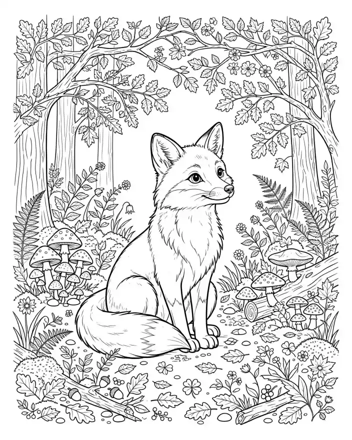 Disegno da colorare volpe nel bosco per bambini Disegno da colorare per bambini con volpe seduta nel bosco, circondata da piante, funghi e foglie.