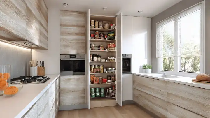 Colonna dispensa estraibile che sfrutta lo spazio verticale in cucina Colonna dispensa estraibile in cucina con ripiani pieni di barattoli e conserve, tra forno e finestra