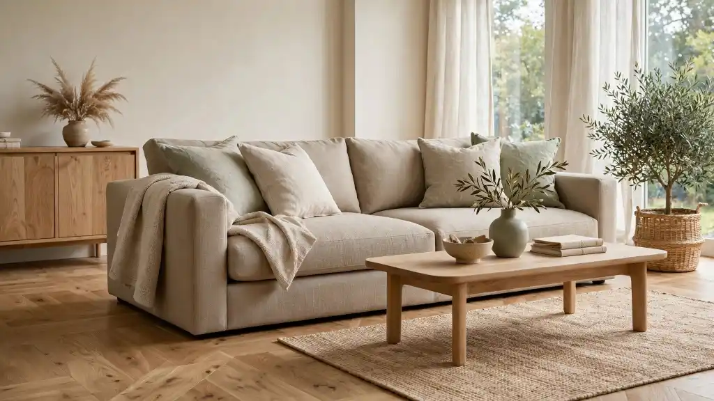 Come abbinare un divano beige a un pavimento in parquet Divano in tessuto beige grigio su pavimento in parquet a spina di pesce, con cuscini verde salvia, tavolino in legno chiaro e olivo in vaso di vimini