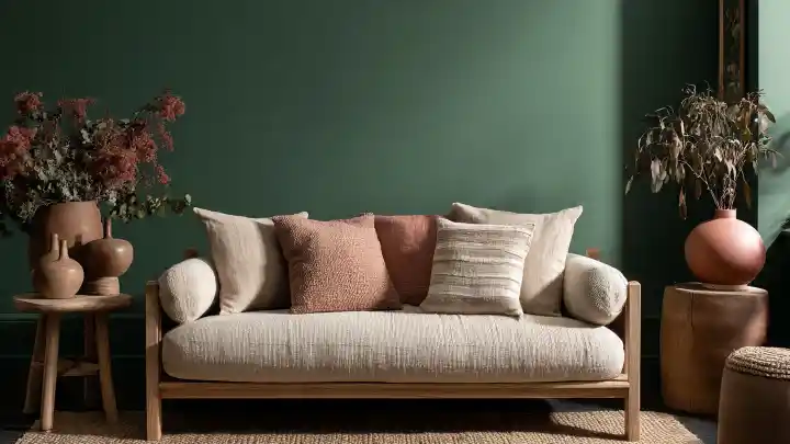 Divano in legno con cuscini terracotta davanti a parete verde scuro. Divano in legno chiaro con cuscini nei toni neutri e terracotta, posizionato davanti a una parete verde salvia scuro con vasi in terracotta e piante secche.