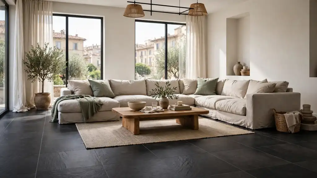 Come abbinare un divano panna a un pavimento grigio scuro Divano angolare in lino color panna su pavimento in gres scuro effetto pietra, con cuscini verde salvia, tavolino in legno grezzo e piante di ulivo