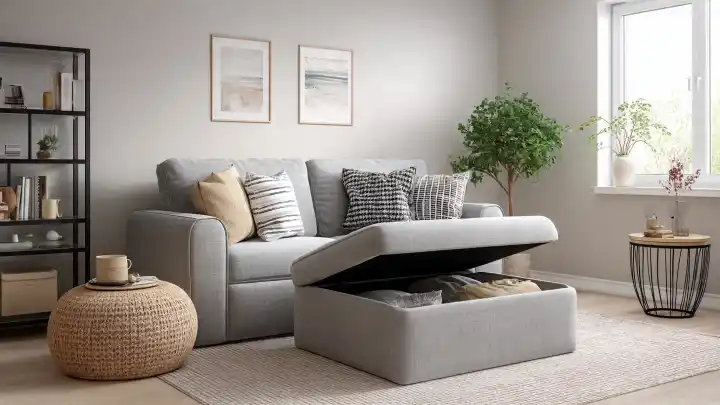 Divano con penisola contenitore sollevabile per riporre oggetti in un soggiorno piccolo Divano grigio con penisola sollevata che rivela un vano contenitore interno, in un soggiorno luminoso con libreria e pouf in vimini