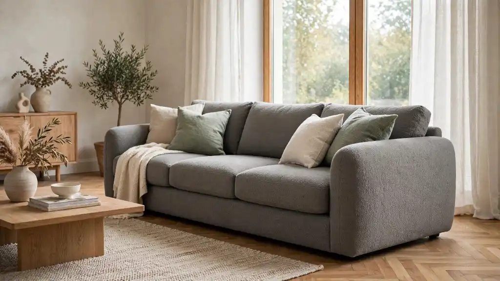 Come abbinare un divano grigio a un pavimento in parquet a spina di pesce Divano grigio in tessuto bouclé su pavimento in parquet a spina di pesce, con cuscini verde salvia e panna, plaid neutro e tavolino in legno chiaro