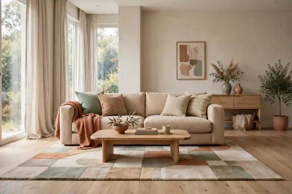 Come abbinare un divano sabbia a un pavimento in parquet chiaro Divano in bouclé color sabbia su pavimento in parquet chiaro, con cuscini verde salvia e terracotta, plaid arancio, tappeto patchwork e tavolino in legno naturale