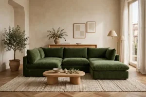 Divano angolare Sunset di Maisons du Monde, 5/6 posti, in tessuto ciniglia verde, con penisola a destra, in un soggiorno luminoso con tavolino rotondo in legno e madia