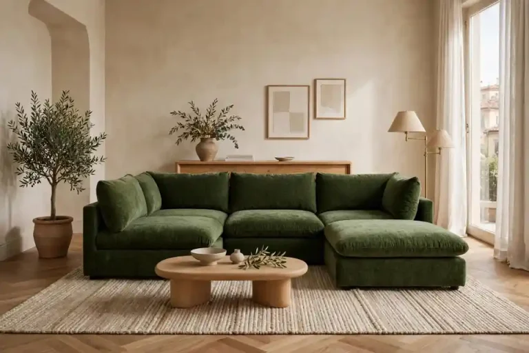 Divano angolare Sunset di Maisons du Monde, 5/6 posti, in tessuto ciniglia verde, con penisola a destra, in un soggiorno luminoso con tavolino rotondo in legno e madia