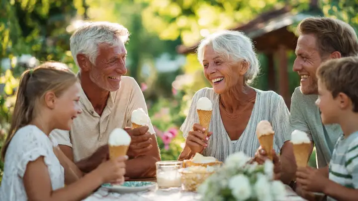 Famiglia multigenerazionale sorridente che gusta coni di gelato fatto in casa in giardino