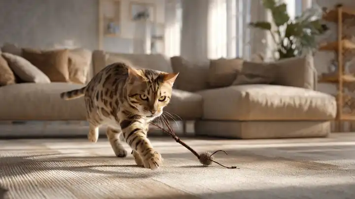 Istinto predatore e gioia di vivere Bengala maculato che gioca con un giocattolo a forma di ragnetto sul tappeto