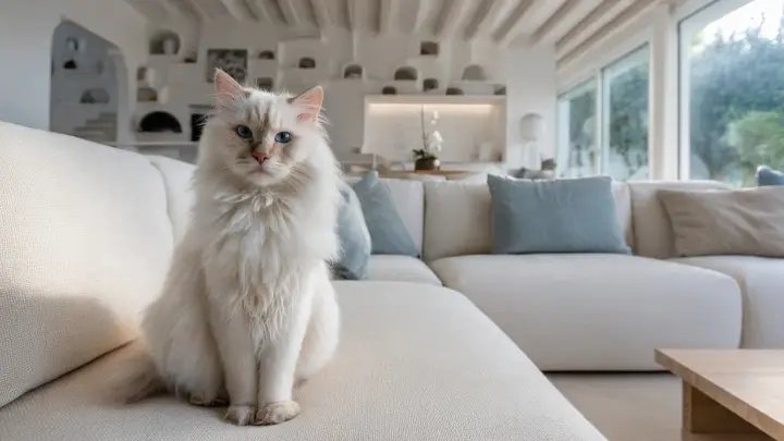 Gatto Ragdoll bianco dagli occhi azzurri seduto su un divano in un soggiorno minimal e luminoso