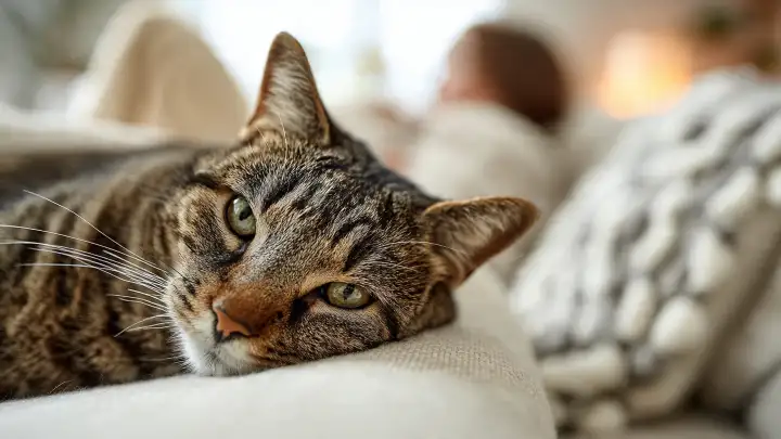 Relax assoluto in stile felino Primo piano di un gatto tigrato disteso e rilassato su un cuscino del divano