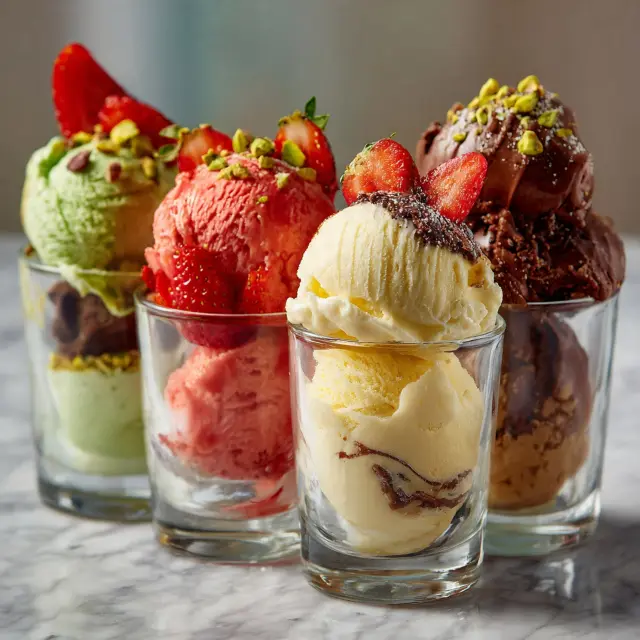 Quattro bicchierini di gelato fatto in casa: pistacchio, fragola, vaniglia e cioccolato, decorati con fragole fresche e granella di pistacchio
