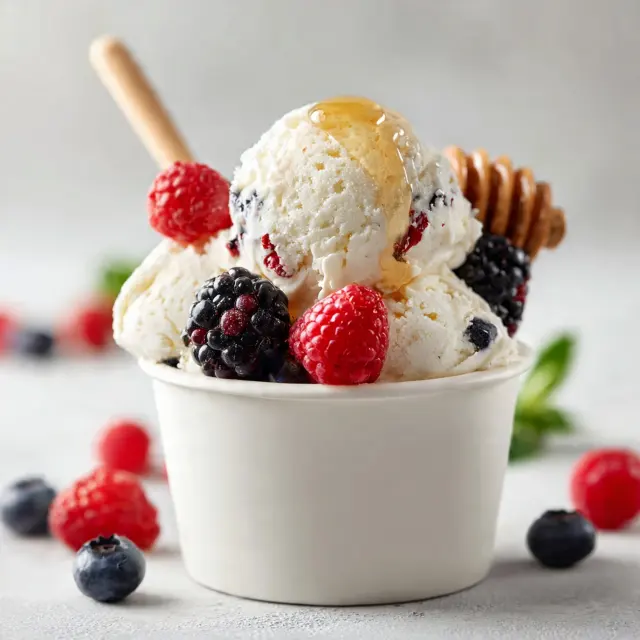 Coppetta di gelato fatto in casa alla vaniglia con lamponi, more e mirtilli freschi, guarnito con miele