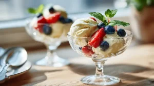 Coppe di gelato alla vaniglia fatto in casa con fragole, mirtilli freschi e foglie di menta