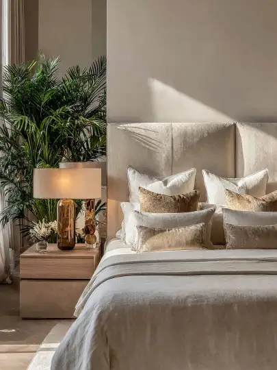 Dettaglio camera letto velluto cuscini oro sabbia Dettaglio camera da letto lussuosa con testiera in velluto beige, cuscini nelle tonalità oro e sabbia, comodino in legno chiaro e lampada ambrata