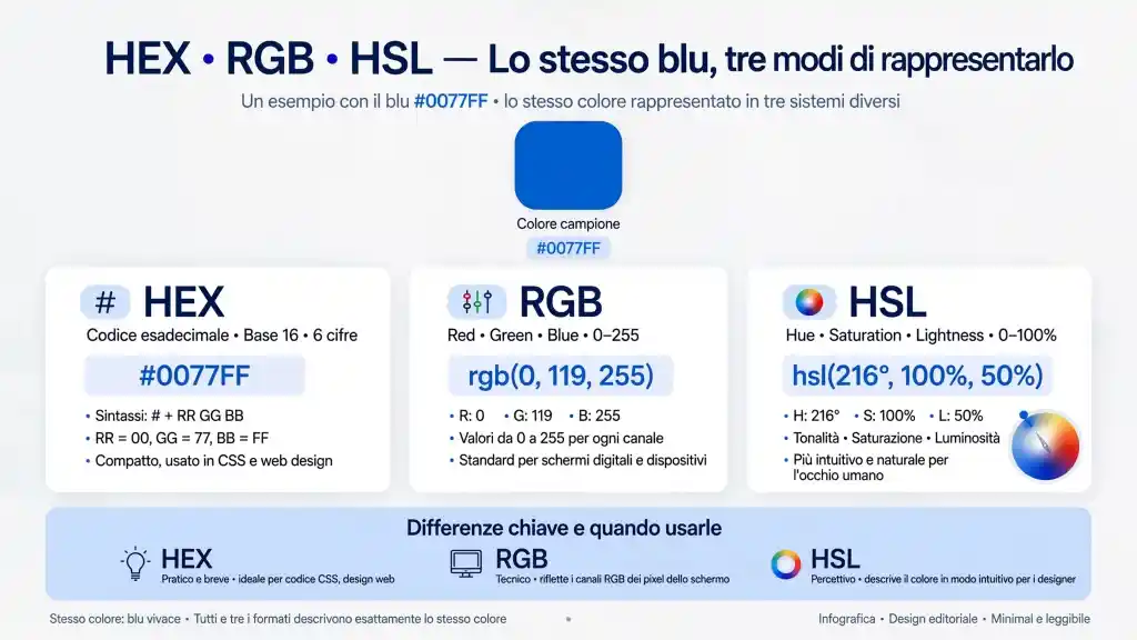 Infografica sistemi colore HEX RGB HSL Infografica che confronta i sistemi colore HEX, RGB e HSL con esempio di blu #0077FF.
